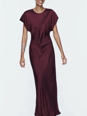 navy blue dress for baby girl ASYMMETRIC SLEEVE SATIN EFFECT MIDI DRESS - Mid-camel main image 1